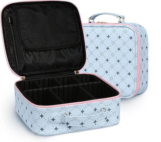 Travel Makeup Bag,Waterproof Cosmetic Organizer, Adjustable Dividers,Portability Cosmetic Train Case,Makeup organizer,Gift for Women,Girls Gift (Blue+Pink)