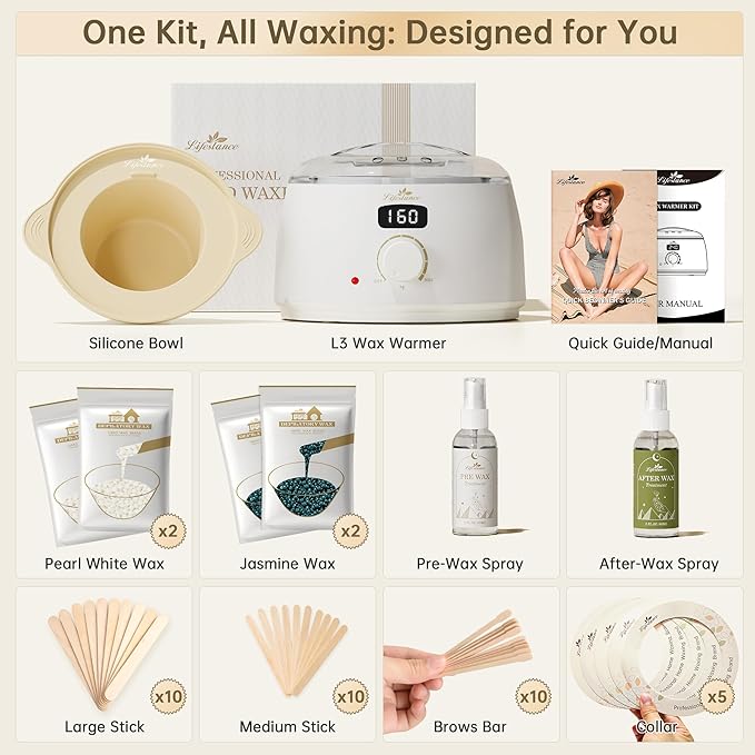 Lifestance Waxing Kit for Women & Men - White L2 Digital Warmer, Silicone Wax Pot Liner, Hair Removal Kit with 14.1oz Hard Wax Beads & Oil Spray, Professional for Home Brazilian Bikini Face Leg Body