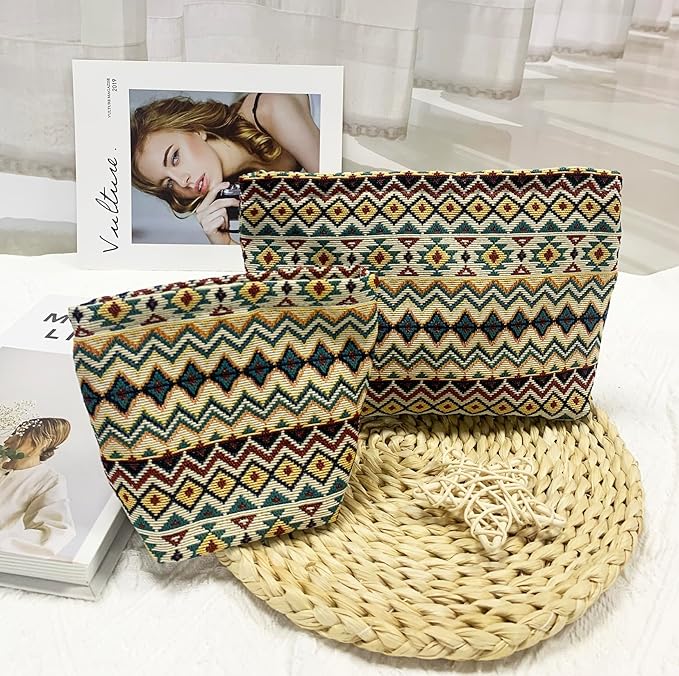 2 Pcs Makeup Bags, Large Cosmetic Bag Travel Toiletry Bag Organizer for Women, Embroidery Craft, Stripe Makeup Bag Small Cosmetic Pouch Purse with Zipper Gifts for Girls Teen