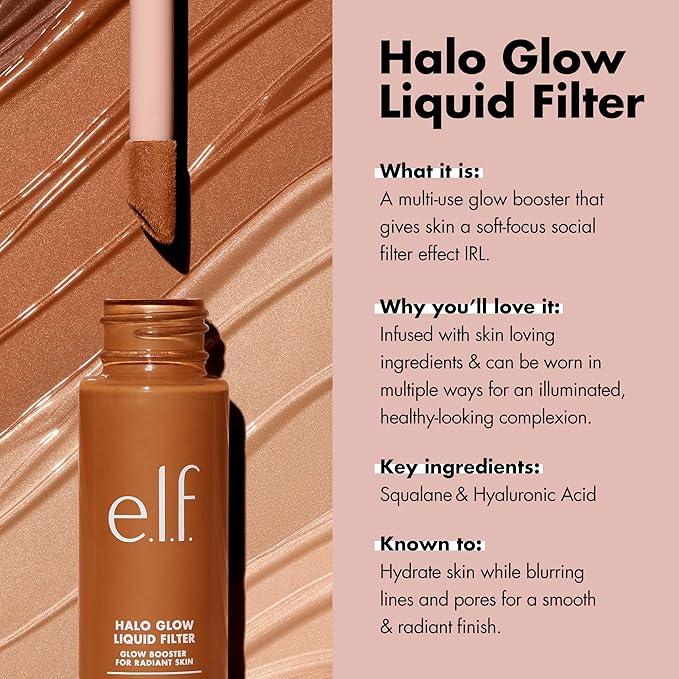 e.l.f. Halo Glow Liquid Filter, Complexion Booster For A Glowing, Soft-Focus Look, Infused With Hyaluronic Acid, Vegan & Cruelty-Free, 6.5 Deep
