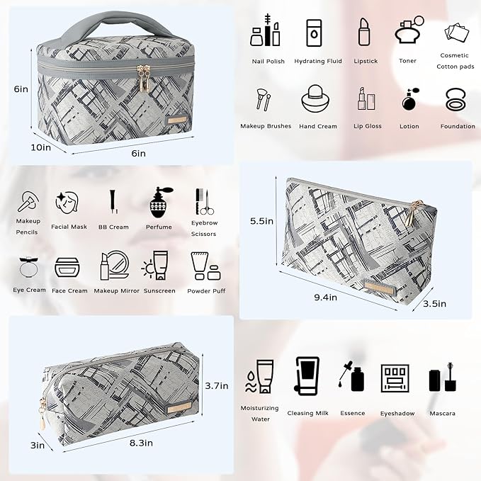 Richeart 3PC Makeup Bag Set, Cationic Jacquard Large Cosmetic Organizer, Back-Coated Solvent-Free Travel Toiletry Bag for Women - Gray