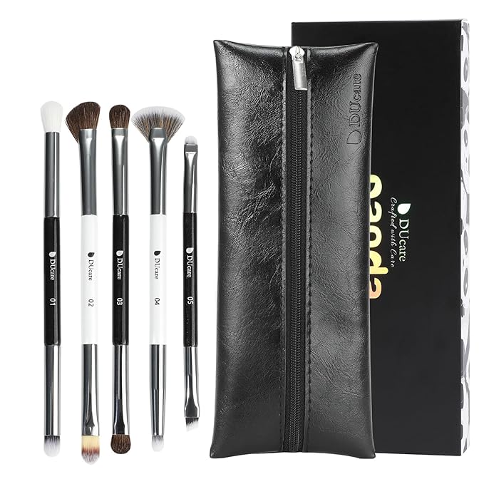 DUcare Eye Makeup Brushes Set, 5pcs Duo End Eyeshadow Brush Set with Travel Bag, Professional Eye Shadow Brushes Kit for Concealer, Eyebrow, Eyeliner, Nose Contouring, Blending