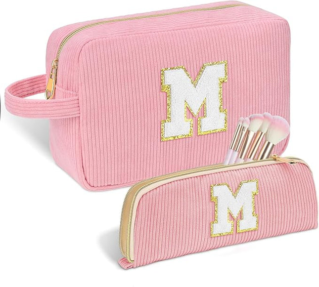 Personalized Initial Makeup Bag Trendy Stuff Corduroy Cosmetic Bag Travel Toiletry Bag, Valentine’s Day Gift Makeup Organizer Case & Makeup Pouch for Women teen Girls Mom Girlfriend Wife