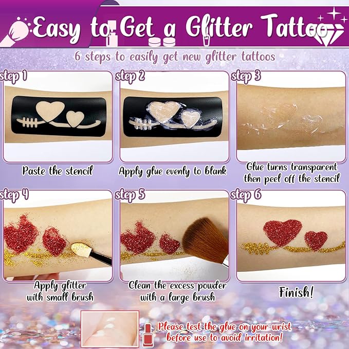 TEUVO Kids Glitter Tattoo Kit with 25 Colors, 225 Stencils, 6 Pens, 2 Rhinestone Sheets, 5Brushes, 3Glues, 20 Sheets Colorful & Glow-in-the-dark Mixed Temporary Tattoos Stickers for Halloween Birthday