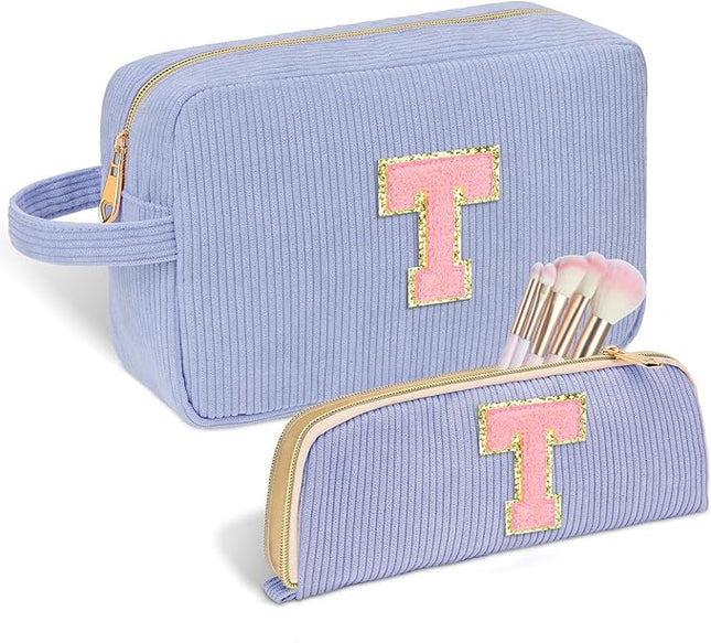Personalized Initial Makeup Bag Trendy Stuff Corduroy Cosmetic Bag Travel Toiletry Bag, Valentine’s Day Gift Makeup Organizer Case & Makeup Pouch for Women Teen Girls Mom Girlfriend Wife