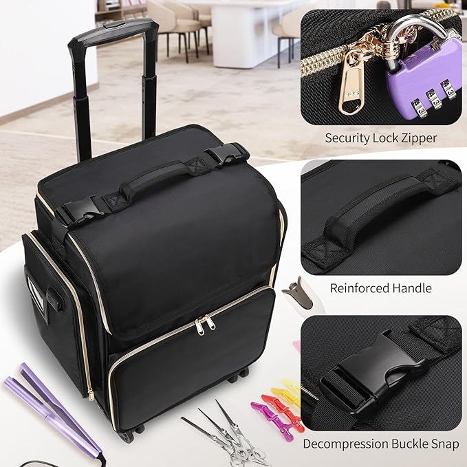OCHEAL Hairstylist Traveling Case - 360° Rotatable Wheels, Heat Insulation Cosmetic Makeup Trolley Train Case for Hairstylists Hairdressers, Detachable Pouch, Hairdressing Tool Organizer