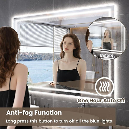 60"X40" LED Bathroom Mirror with Front Lights and Backlit, Anti-Fog, Dimmable, Shatter-Proof Tempered Glass, Lighted Bathroom Vanity Mirror for Wall with 3 Colors, Memory Function