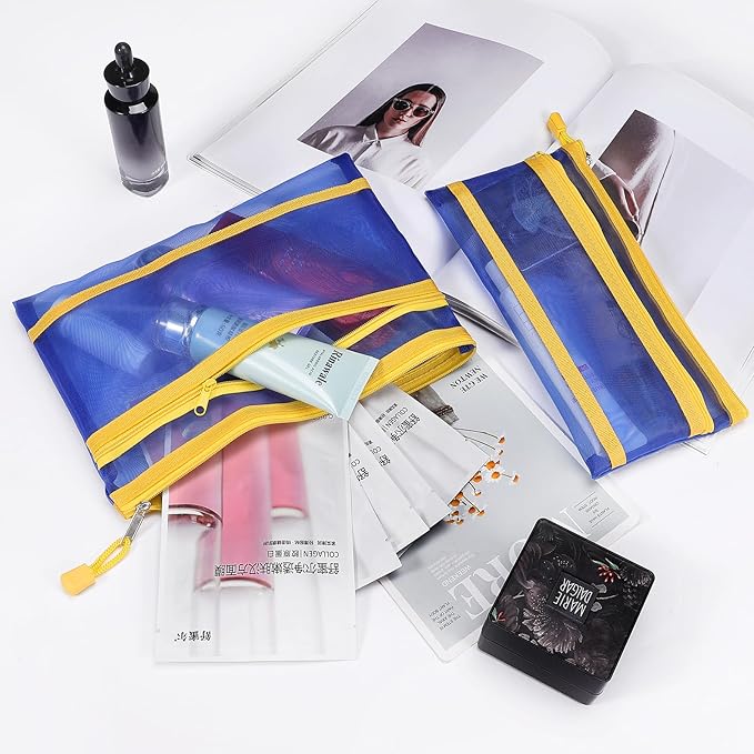 12 Pieces Zipper Nylon Mesh Pouch, Mesh Cosmetic Bags Makeup Bags Pencil Case, Multipurpose Travel Bags for Cosmetic School Office Supplies and Travel Accessories (2 Layers-Blue, A5)