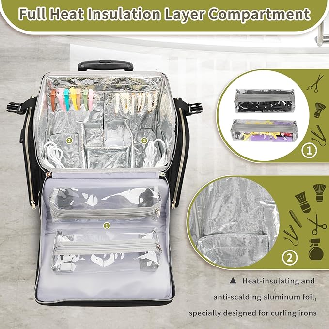 OCHEAL Hairstylist Traveling Case with 4 Clear Travel Makeup Bags Set, Cosmetic Makeup Trolley Train Case Hairdresser Case with Detachable Pouch & 360° Rotatable Wheels for HairdressingTool Organizer