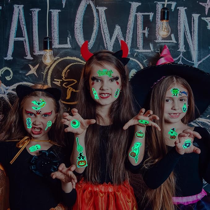 120 PCS Glow Halloween Tattoos for kids, Luminous Temporary Tattoo Stickers Halloween Party Favors, Trick or Treats, Goodie Bag Stuffers, Gifts, Halloween Makeup Decorations, Party Supplies