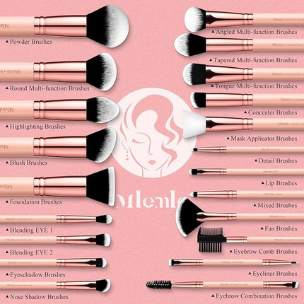 Makeup Brushes Set, Mlemle Professional 26 Pcs Makeup Kit, Include Powder Foundation Concealers Blush Eye shadows Eyebrow 21 Pcs Makeup Brushes and 2 Powder Puff, 3 Makeup Sponge(A01-Pink)