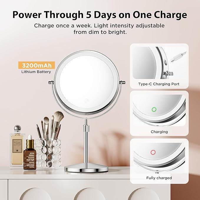 Makeup Mirror, 1X/30X Double Sided Magnifying Mirror/Switch with 3 Colors, 3200 mAh Rechargeable, 8" Lighted Makeup Mirror with Magnification, Adjustable Brightness, for Vanity or Bathroom