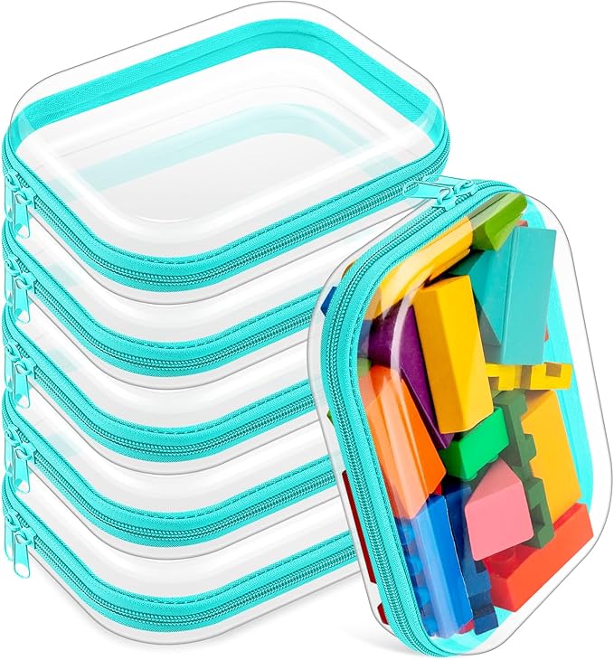 Sanwuta 6 Pcs Clear Hard Zipper Case Pencil Pouches Hard Plastic Zipper Pouches Makeup Bag Transparent Cases for Snacks Plastic Storage Organizer Box for Travel(Teal,7.87 x 5.9 x 2 Inch)