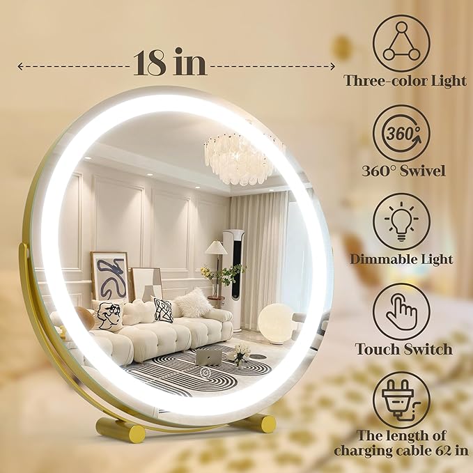 Gold Vanity Mirror, 18 Inch Lighted Makeup Mirror with Smart Touch 3 Colors Dimmable, Tabletop, 360 Rotation