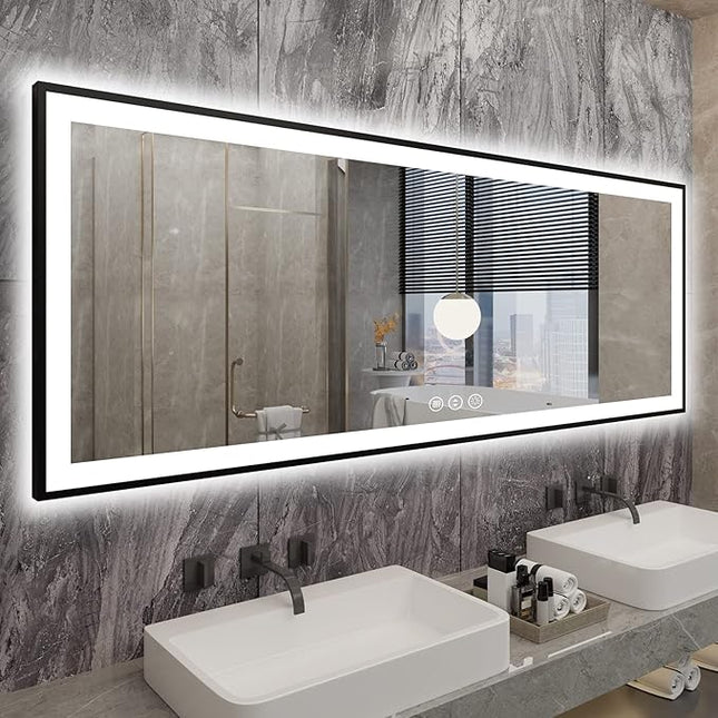 84x32 Large LED Bathroom Mirror - Black Aluminum Framed (Front and Backlit), Anti-Fog Stepless Dimmable 3 Colors Smart Lighted Vanity Mirror for Wall(Horizontal/Vertical)