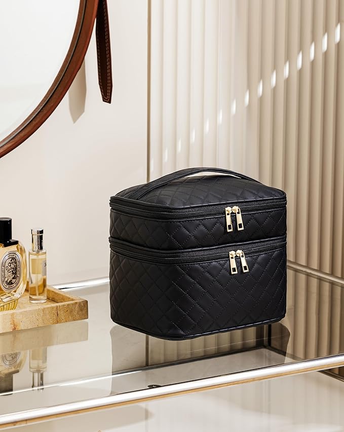 Makeup Bag for Women X-Large Travel Makeup Bag Organizer Portable Toiletry Bag Cute Makeup Bags Waterproof Leather Cosmetic Bag Makeup Case with Removable Dividers, Lattice Black