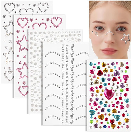 Teenitor Self Adhesive Face Gems, Face Gems Rhinestones Pearl Stickers, Hair Accessories for Girls, Rave Accessories for Women, Face Jewels for Face, Eye, Hair, Body