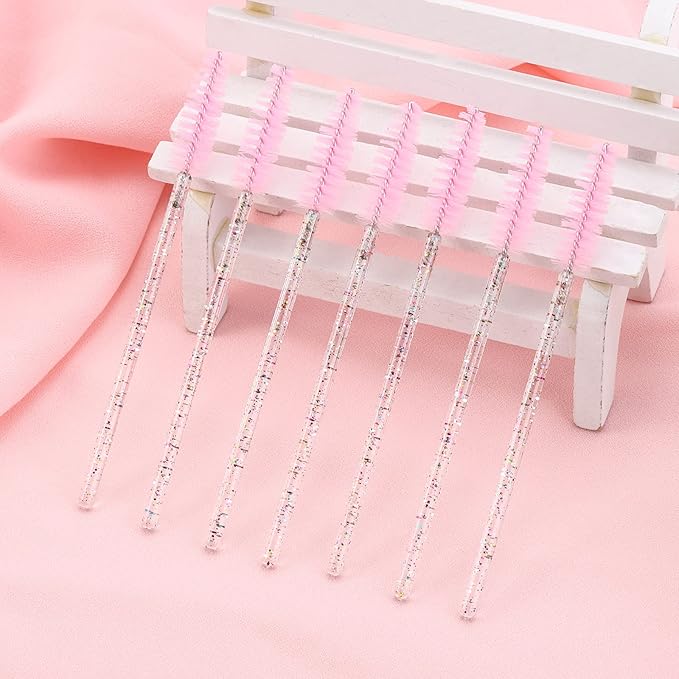 BTYMS 100 Pieces Crystal Eyelash Mascara Brushes Spoolie Brush Lash Wands Applicator Disposable Eyebrow - Light Pink