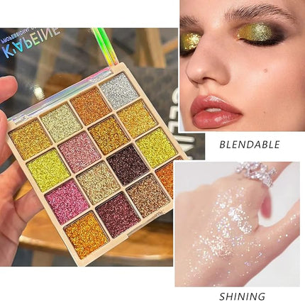 K'APEINE Gold Glitter Eyeshadow Palette, 16Colors Fine Pressed Sparkle Eye Shadow Metallic Glitter Powder Makeup Pallet Ultra Shimmer Makeup Kit Highly Pigmented Long Lasting Waterproof for Face Body