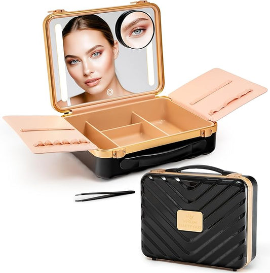 Lighted Makeup Case with Mirror - Portable Travel Makeup Organizer with light up Mirror, 3 Light Settings, Rechargeable Makeup Bag with Mirror and Lights - Mini 10x magnifying Mirror included