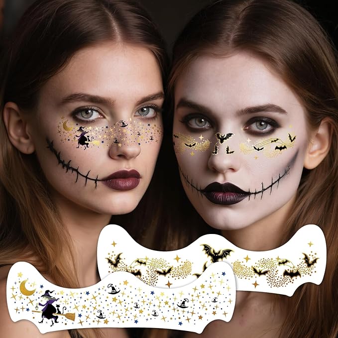 12 Sheets Halloween Face Temporary Tattoo, Ghost Skull Witch Bat Spider Pumpkin Rose Waterproof Fake Tattoos Face Makeup Freckles Patches For Women Girls Halloween Festival Party Supply