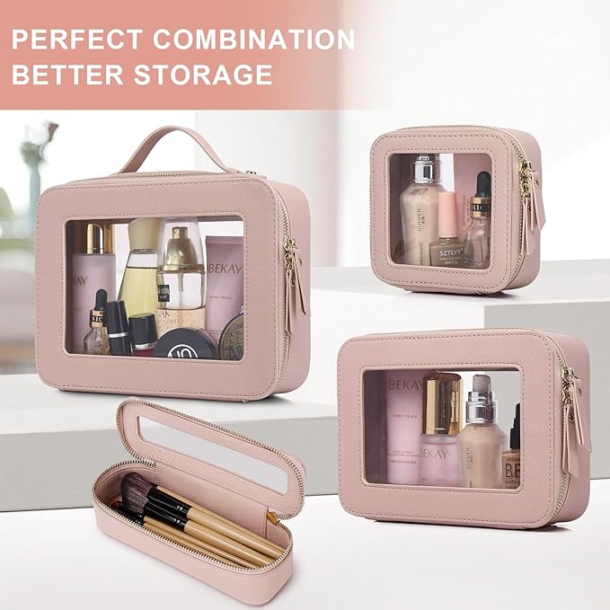 Pinkmik Clear Makeup Bag for Women Waterproof Travel Cosmetics and Toiletries Case Portable Makeup Oaganizer Bag Clear Car Bag with Zipper (Pink, M+L)