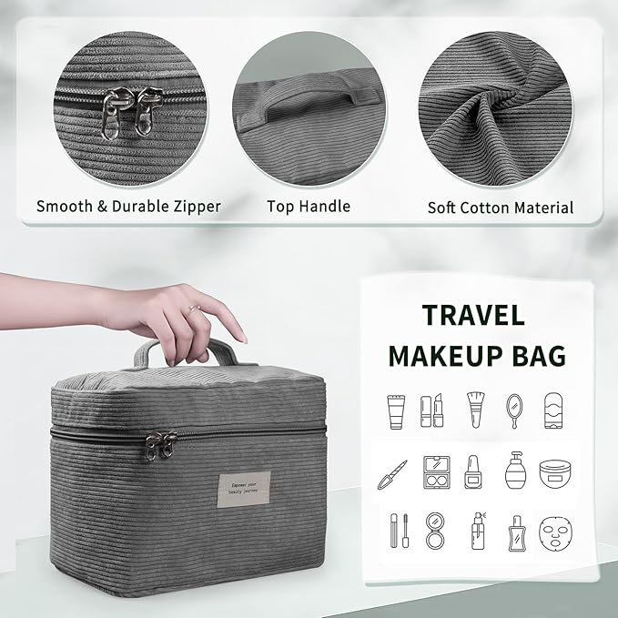 4 Pcs Makeup Bag for Women Corduroy Cosmetic Bag Aesthetic Cute Bags Multi Size Purse Pouch Travel Toiletry Bag Set Makeup Organizer with Zipper (08-Gray)