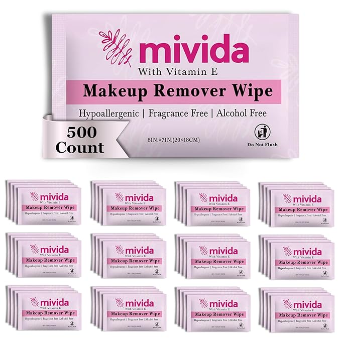mivida 500 Count Bulk Individually Wrapped Makeup Remover Wipes with Vitamin E | Hypoallergenic, Fragrance-Free, Alcohol-Free makeup wipes | Bulk single make up removing wipes