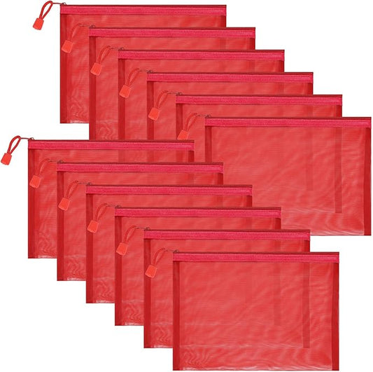 12 Pieces Zipper Nylon Mesh Pouch, Mesh Cosmetic Bags Makeup Bags Pencil Case, Multipurpose Travel Bags for Cosmetic School Office Supplies and Travel Accessories (Red, A5)