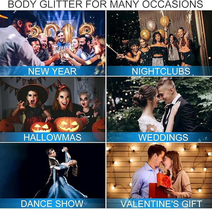 Cool Black Face Body Hair Glitter Gel for Halloween Party Festival Rave Accessories, Long Lasting Shimmer Holographic Chunky Mermaid Sequin Sparkling Paint Makeup for Women Kids, 1oz