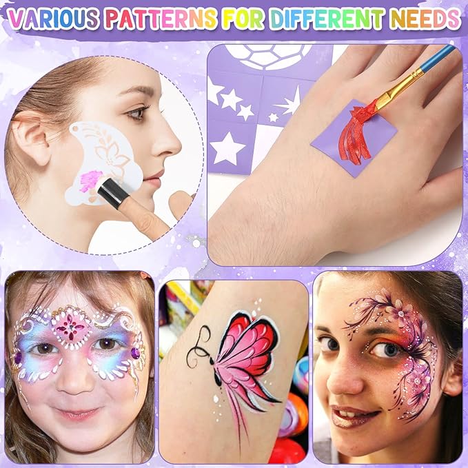 55PCS Face Paint Stencils Kit Includes 33 Reusable Facial Painting Stencils, 6 Sheets Tattoo Templates Stickers, 10 Brushes, 2 Pack Adhesive Gems, 4 Sponge for Halloween Festival Party Makeup