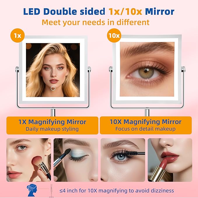 Ruacq Rechargeable Makeup Mirror, 4000mAh Lighted Makeup Mirror with Magnification 1X/10X, Height Adjustable Vanity Mirror with Lights, 3 Color Lights, Adjustable Brightness, 360°Rotation (Chrome)