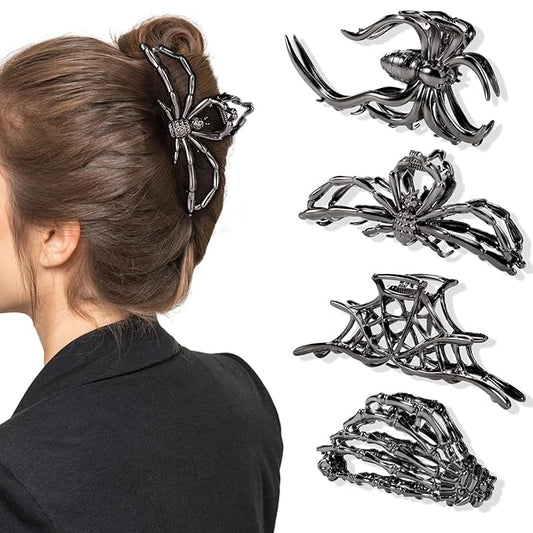 4 Pack Halloween Hair Clips, Large Metal Claw Clips with Spider Webs Skeleton Decor for Women and Girls Thick Long Hair Styling, Goth Accessories Christmas Gifts (black)