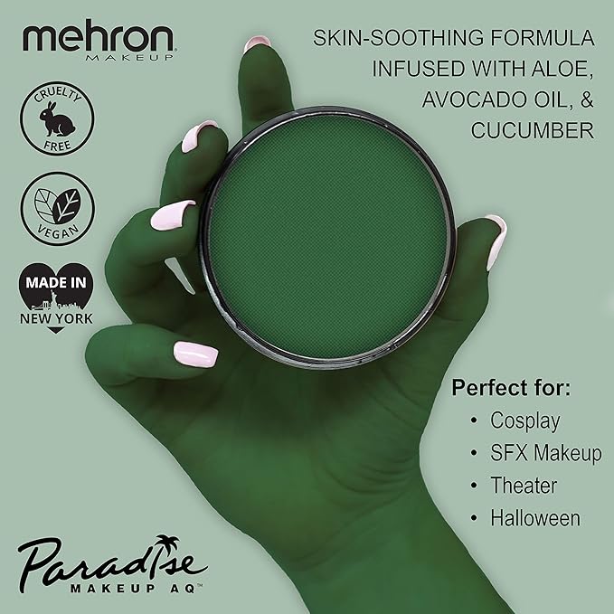 Mehron Makeup Paradise Makeup AQ Pro Size | Stage & Screen Performance, Face & Body Painting, Beauty, Cosplay, and Halloween | Water Activated Face Paint, Body Paint 1.4 oz (40 g) - Dark Green