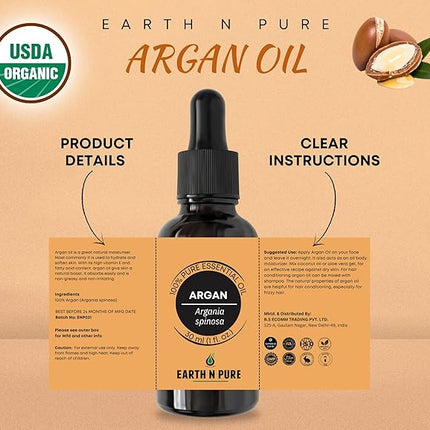 Earth N Pure Argan Oil for Hair Styling, Hair Growth, Hairfall Control - Natural and Therapeutic Grade 50 ml