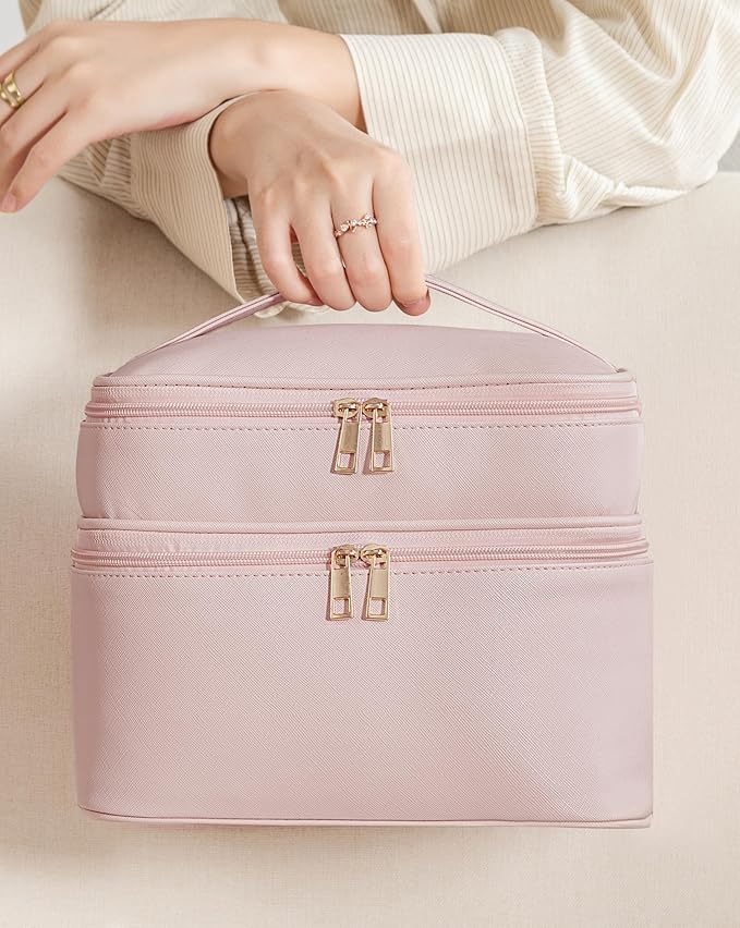 Makeup Bag for Women X-Large Travel Makeup Bag Organizer Portable Toiletry Bag Cute Makeup Bags Waterproof Leather Cosmetic Bag Makeup Case with Removable Dividers, Pink