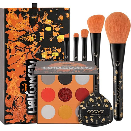 docolor Makeup Brush Set, 5PCS Goth Makeup Brushes Powder Contour Eyeliner Brow Eyeshadow Brush Set with 9 Colors Pigmented Eyeshadow Palette,1PC Makeup Sponge Puff & 3PCS Fake Scar Tattoo Makeup kit
