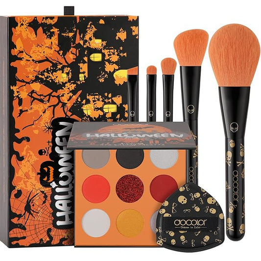 docolor Makeup Brush Set,5PCS Halloween Goth Makeup Brushes Powder Contour Eyeliner Brow Eyeshadow Brush Set with 9 Colors Halloween Eyeshadow Palette,1PC Makeup Sponge Puff&3PCS Halloween Scar Tattoo
