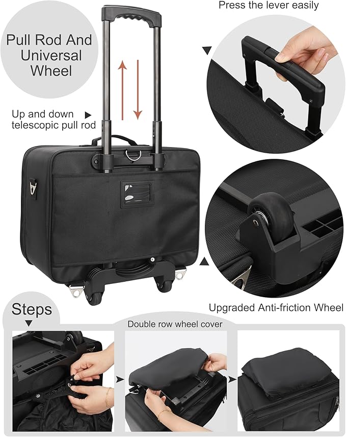 MONSTINA Rolling Makeup Train Case,Trolley Cosmetic Case,3-Layer Cosmetic Organizer,Extra Large Makeup Travel Bag for Hairstylist, Trolley Travel Hairdressing Case with Adjustable Divider(Black)