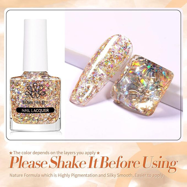 Born Pretty Holographic Nail Polish Champagne Gold Glitter Sequins Nail Polish 10ML Christmas New Year Gift