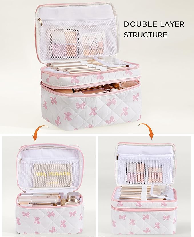 HBselect 2Pcs Travel Makeup Bag, Large Cotton Quilted Makeup Bag Cosmetic Bag Cute Make up Bag Toiletry Bags for Women Girls