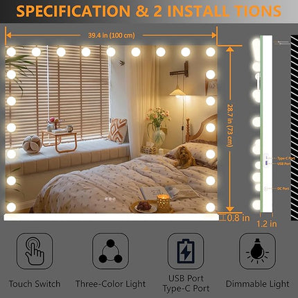 Hasipu Vanity Mirror with Lights, 40" x 29" Hollywood Mirror with 21 Dimmable Bulbs and 10X Magnification, 3 Colors Modes, Touch Control, USB Charging Port, Type-C, Tempered Glass (Square White)