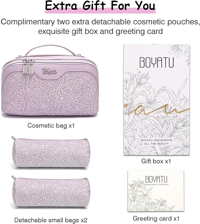 BOYATU Travel Makeup Bags for Women: Vegan Leather Cosmetic Bag Set of 3 - Large Capacity Make up Bag with Divider - Wide Open Waterproof Toiletry Organizer Bag with Handle (L12-Violet)