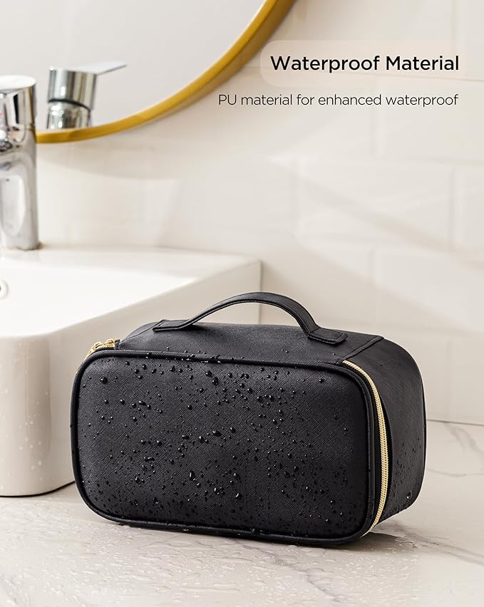 Makeup Bag for Women Small Travel Makeup Bag Organizer Portable Toiletry Bag Cute Makeup Bags Waterproof Leather Cosmetic Bag Makeup Case with Handle, Black