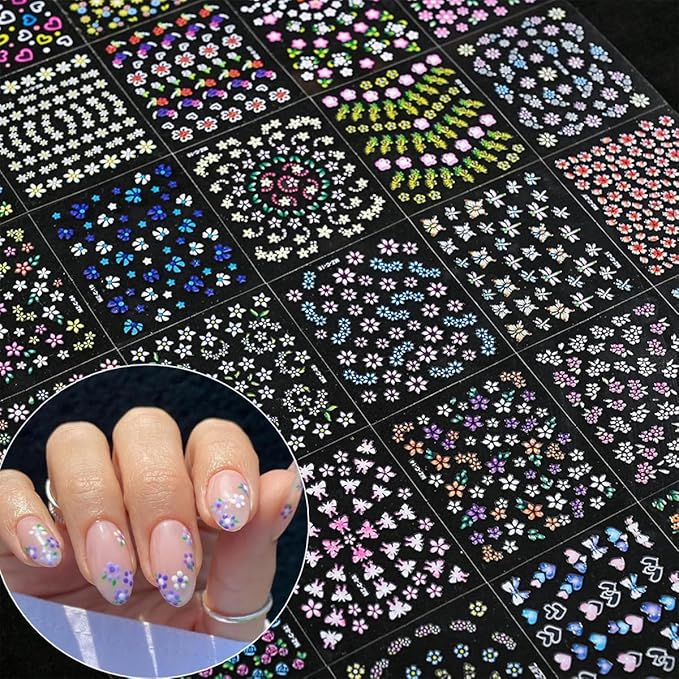 Flowers Nail Art Stickers Decals Colorful Flower Rose Daisy Cherry Blossoms Nail Stickers Design 3D Self-Adhesive Flowers Nail Art Supplies Charms for NailsArt Manicure Tips Decoration 30 Sheets