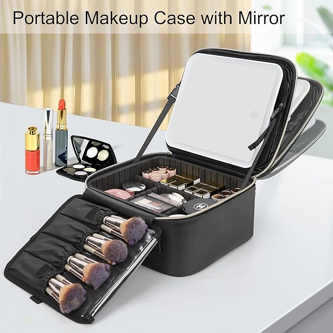 Relavel Travel Makeup Bag With LED Mirror, Cosmetic Train Case with Light up Mirror, Portable Makeup Artist Organizer Bag with Adjustable Dividers, Makeup Brush Holder Storage, Black