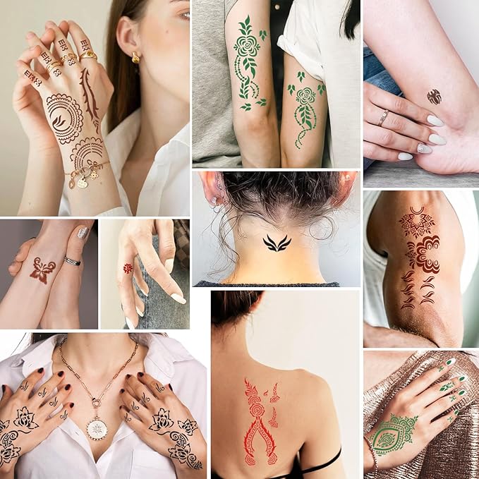 Temporary Tattoos Stencils Kit,Temporary Tattoos Kit - 8 Pcs 4 Color(Brown,Black,Cherry red,Green), Ink with Gloves,DIY Body Art Painting for Women Men Adults Kids