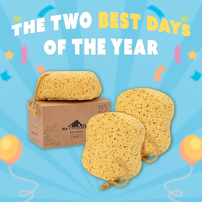 myHomeBody Bath Sponge, Foam Loofah, Body Scrubber for Bathing, Exfoliating Shower Pouf for Shower – Large Size, Lots of Lather, Curvy, 3 Pack