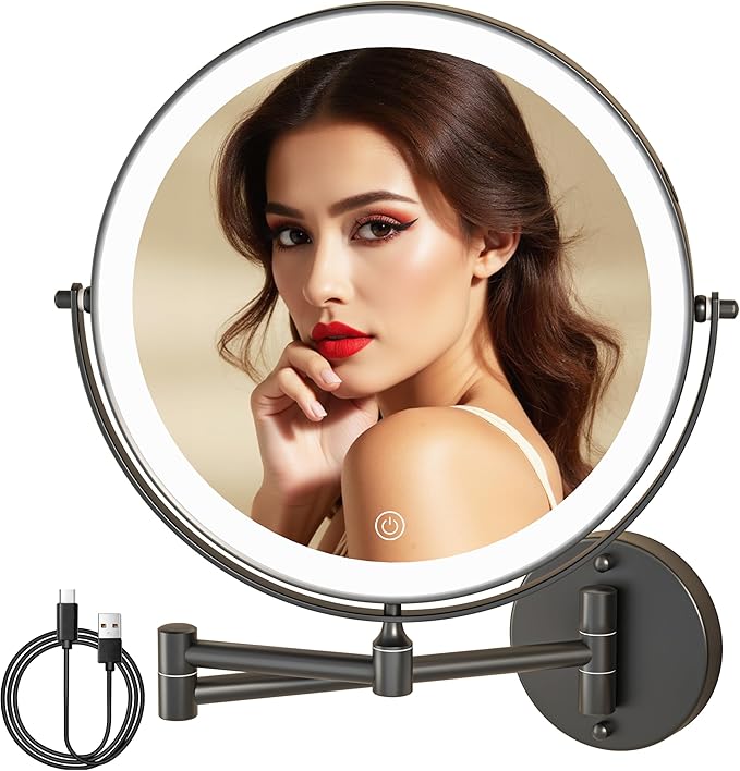 8.5" Wall Mounted Makeup Mirror with Light, 2000mAh Rechargeable Double Sided 1X / 10X Magnifying Vanity Mirror, 3 Color Lights Touch Dimmable 360° Rotation Bathroom Mirror, Black