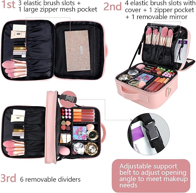 PU Leather Travel Makeup Bag, Portable Makeup Organizer Case Makeup Train Case with Adjustable Dividers and Shoulder Strap Make up Bags (with Mirror Pink)